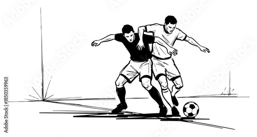 Two soccer players competing for ball in dynamic match action sketch