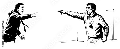 Two angry football coaches shouting and pointing instructions from sideline