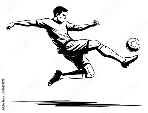 Dynamic football player kicking ball in mid air jump volley