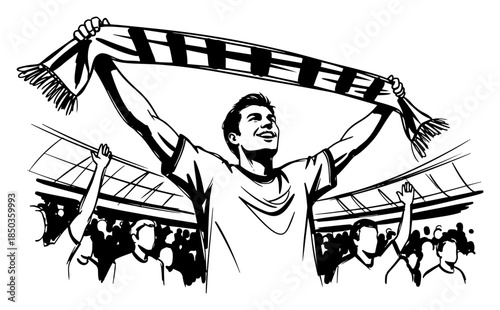 Excited football fan holding scarf and cheering in crowded stadium