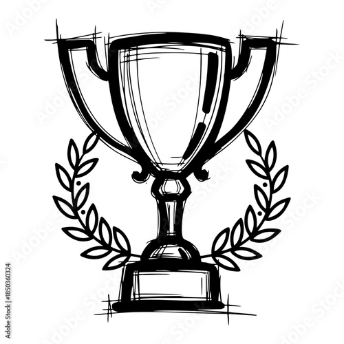 Hand drawn sketch of a champion trophy cup with laurel wreath
