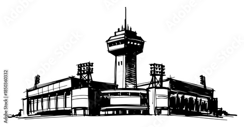 exterior view of large sports stadium with floodlights and central tower