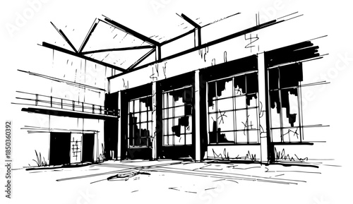 Abandoned industrial warehouse interior with broken windows