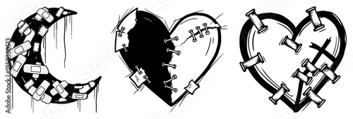 Broken heart and moon symbols patched with bandages and stitches