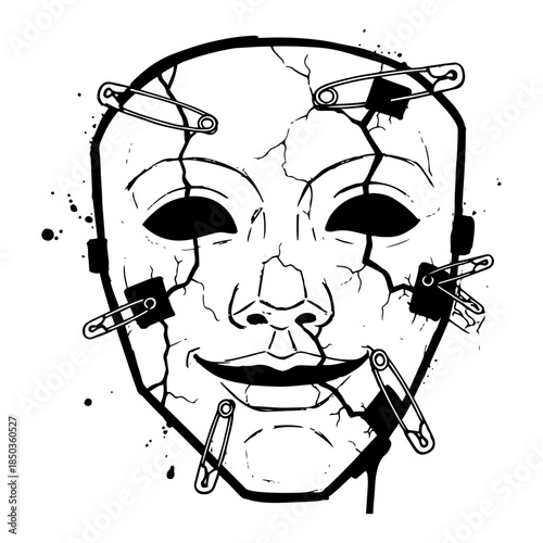 Creepy cracked face mask held together with safety pins