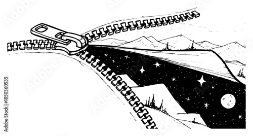 Zipper opening to reveal starry night sky and mountain landscape