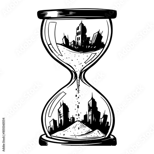 Surreal hourglass illustration showing ancient ruins transforming into modern city skyscrapers through passing time