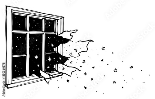 Surreal open window with starry night sky and magic stars flowing into the room sketch