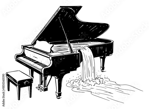 Surreal sketch of a grand piano with water flowing like a waterfall