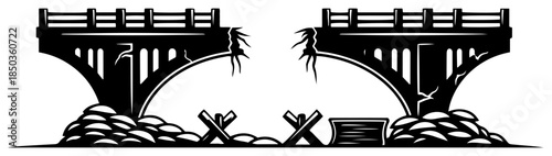 Destroyed concrete bridge with military sandbags and obstacles in woodcut style