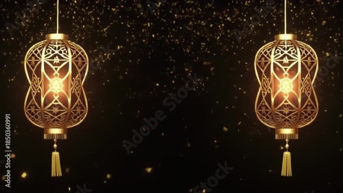 animation, symmetrical Chinese lanterns crafted from intricate golden filigree