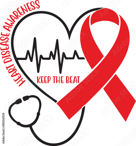 Heart Disease Awareness Medical Design with ECG Ribbon and Keep The Beat Message