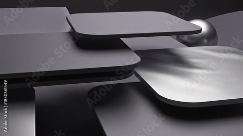 Abstract composition of dark grey rounded squares and rectangles creating a layered, modern design with a subtle metallic sphere reflection.