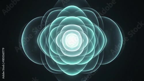 Abstract glowing teal and white concentric oval shapes radiating on a dark background.