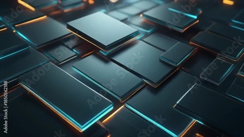 Abstract pattern of dark rectangular panels with glowing blue and orange edges, creating a modern technological background.