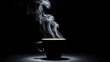 Moody still life of a coffee cup with steam, black background, cinematic lighting