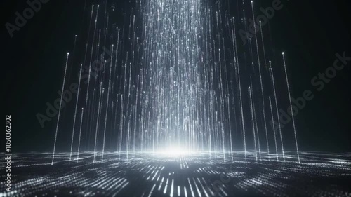 Abstract digital light particles rising from a glowing source on a patterned dark surface, representing data flow or technological advancement.