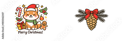 Cute dog with Christmas hat and decorations celebrating holiday with gifts, candy cane, and pine cone on festive background