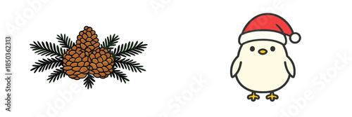 Pine cones and a winter bird with a red hat on a plain background during a cold season