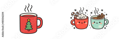 Cup with a Christmas tree and two mugs with candy canes and whipped cream during winter holiday season