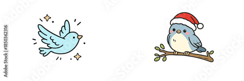 Two colorful birds are shown in a simple style on a white background, one flying and one perched on a branch with a hat