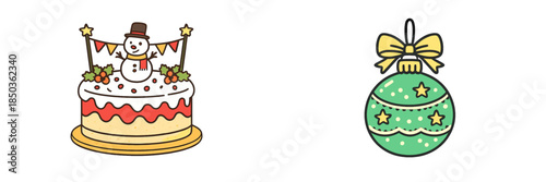 Snowman cake and green ornament are shown together for winter celebration in a festive setting