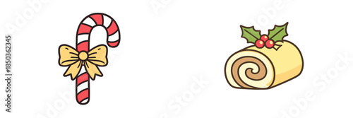 Candy cane and yule log on white background for holiday celebration and festive decoration ideas