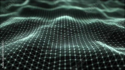 Abstract digital network grid with glowing dots and lines forming a wavy surface, representing data or technology.