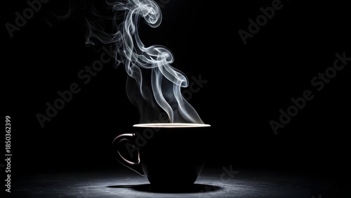 Moody still life of a coffee cup with steam, black background, cinematic lighting