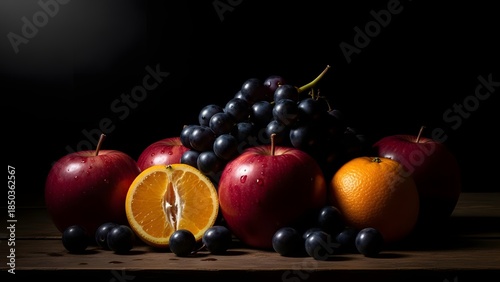 Fototapeta Naklejka Na Ścianę i Meble -  Moody still life of fruits partially illuminated, black background