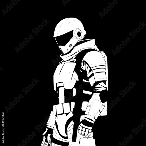 Graphic novel–style illustration of a lone tactical fighter, helmeted with a sleek black visor, suited in a white and gray armored uniform, a silver handgun visible on their hip, a black rifle slung o