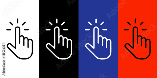 A set of colorful clicking hand cursor icons for web design and user interface, featuring white, black, blue, and red colors