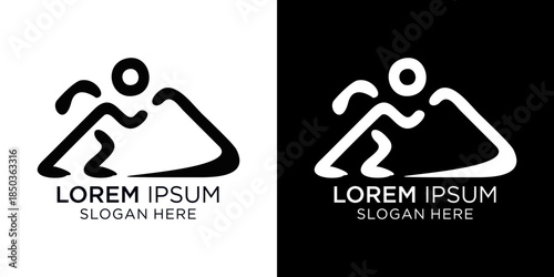 Logo design featuring a stylized mountain climber with placeholder text, suitable for businesses or brands looking for a bold and adventurous visual identity.