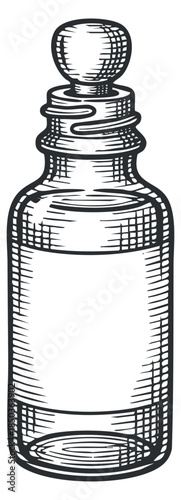 A vintage glass bottle with a cork stopper in hand-drawn sketch style, suitable for beverage branding and packaging