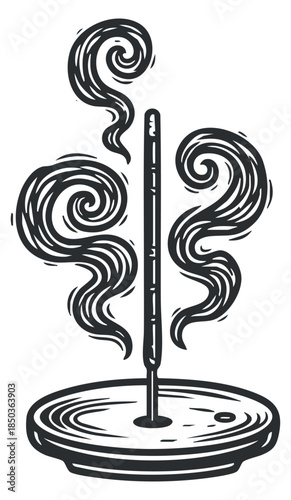 An incense stick emitting aromatic smoke in black and white minimalist vector style, suitable for wellness and relaxation themes