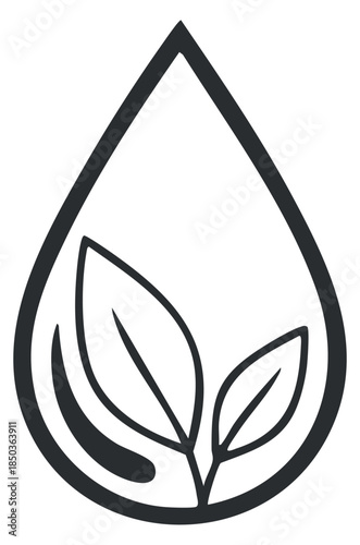 A water drop with leaves in minimalist black outline vector style, suitable for eco-friendly branding and design