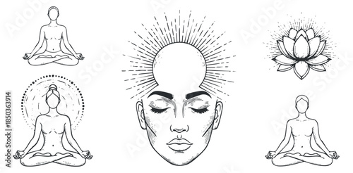 A collection of meditative figures and a serene face with rays, in minimalist black line vector style, ideal for wellness and mindfulness projects