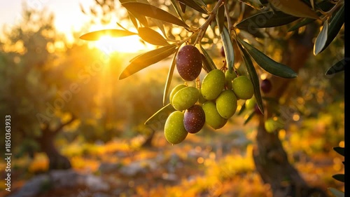 Olive branch with olives in sunset light.