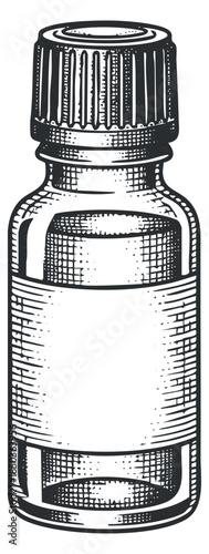 A vintage glass bottle with a blank label in detailed hand-drawn sketch style, ideal for cosmetic or herbal product branding