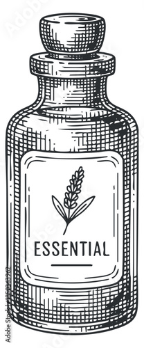 A vintage style essential oil bottle with a botanical design and label in hand-drawn sketch style, suitable for wellness branding