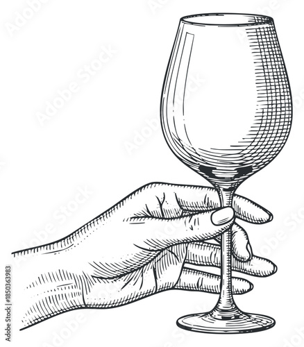 A hand holding a wine glass in vintage sketch style, perfect for restaurant menus and beverage branding