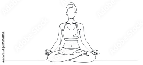A woman practicing yoga in a meditative pose in minimalist outline vector style, ideal for wellness and mindfulness projects