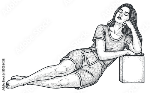A woman reclining thoughtfully on a cube in a dotted line art vector style, ideal for lifestyle and wellness themes