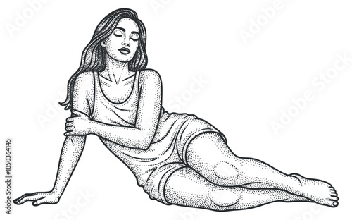 A serene woman in a relaxed pose, illustrated in a dotted halftone vector style, suitable for fashion and lifestyle projects