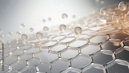 3d skin cell matrix with hyaluronic acid molecules bonding with moisture particles white background and soft reflections