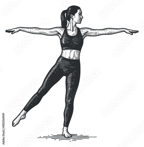A woman performing a yoga pose in a detailed black and white sketch style, ideal for fitness and wellness projects