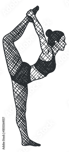 A woman performing a yoga pose with one leg raised in a black and white line art vector style, ideal for fitness and wellness themes