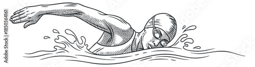 A female swimmer performing a freestyle stroke in a detailed line art vector style, suitable for sports and fitness themes
