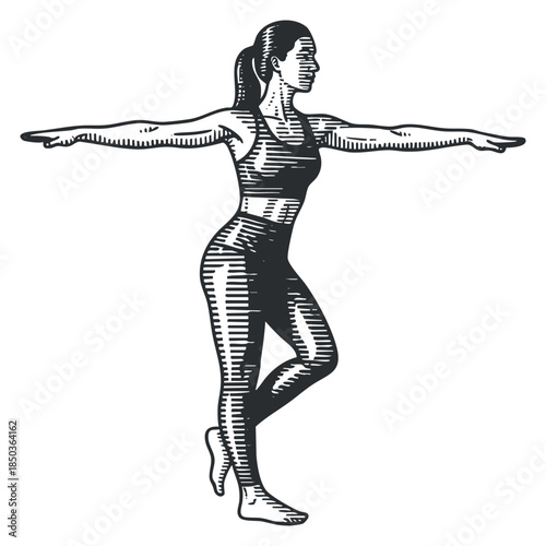 A woman performing a balance exercise in detailed hand-drawn style, suitable for fitness and wellness branding