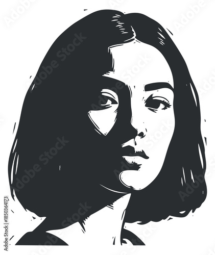 A stylized portrait of a woman with short hair in black and white vector style, ideal for modern art projects